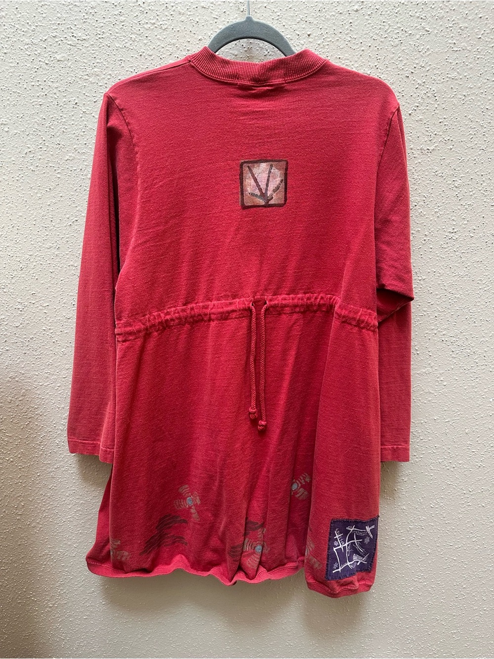 Vintage Blue Fish Organic Cotton Red Painted Sweatshirt Tunic Dress Large Baggy